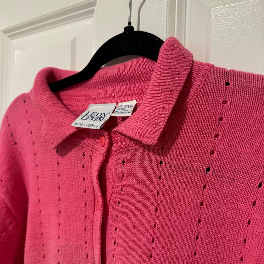 Vintage Leon Levin Hand Loomed Pink Button Up Granny Sweater - Size Large - Picture 3 of 6